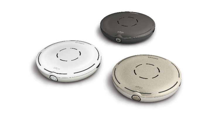 Phonak: Three table microphones in different colors.