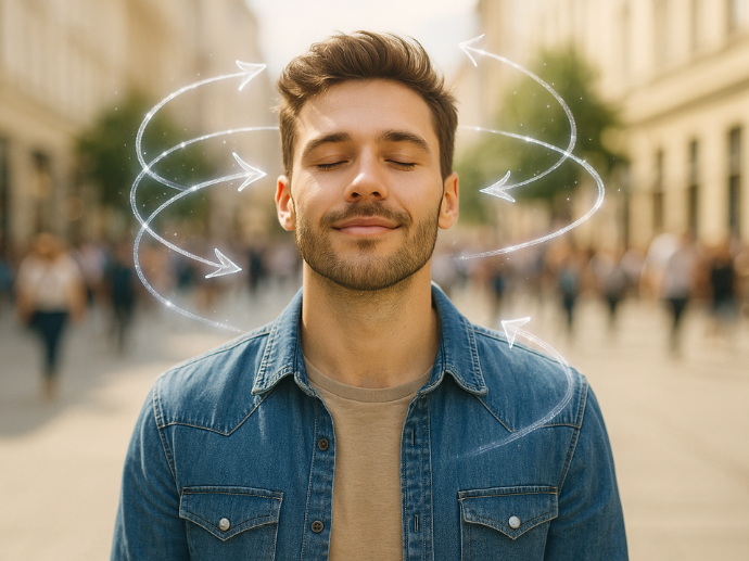A young man stands in a busy pedestrian street with his eyes closed and a content expression, suggesting calm and focus. White, semi-transparent arrows swirl around his head, visually representing enhanced spatial awareness or sound directionality. The image conveys the idea of advanced hearing technology helping him stay connected to his surroundings.
