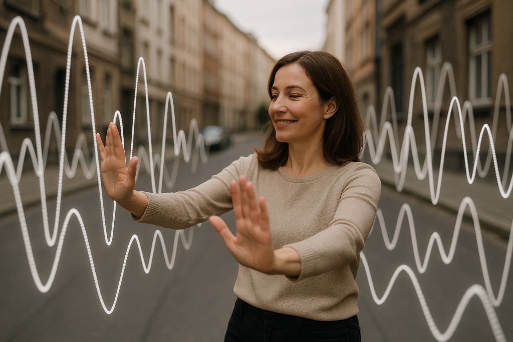 A woman stands smiling in the middle of a quiet city street, holding her hands up as if interacting with white, stylized sound waves digitally superimposed around her. The visual suggests control or interaction with sound, possibly referencing hearing technology or sound visualization.
