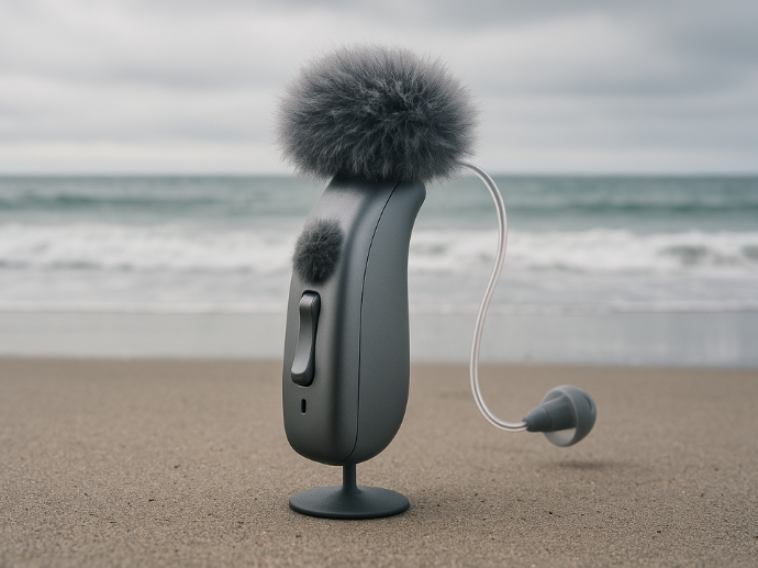 A close-up of a modern hearing aid standing upright on a sandy beach with the ocean in the background. The device is creatively modified to resemble a professional microphone, featuring fluffy windshields on the top and front, suggesting enhanced sound capture or noise reduction capabilities. The scene is overcast, emphasizing a calm coastal setting.
