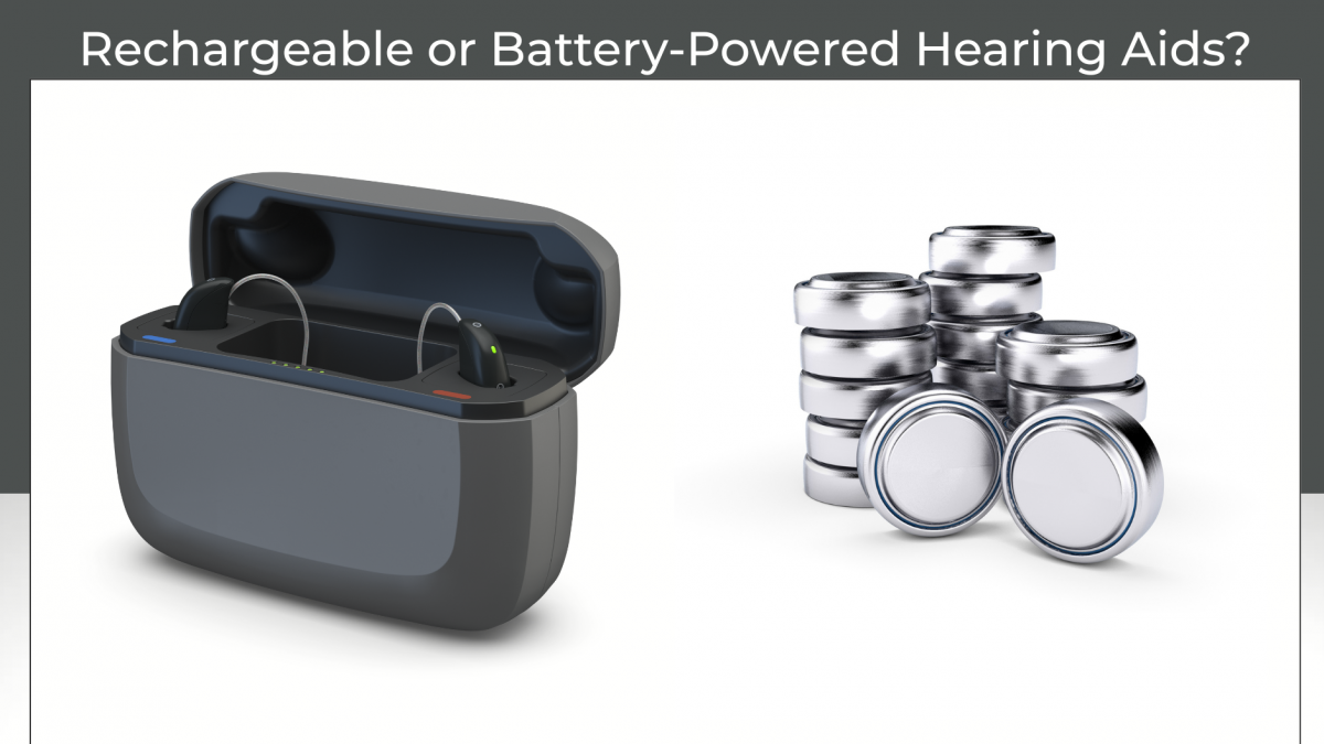 Rechargeable vs Battery Hearing Aids: 6 Key Factors to Help You Decide 2 Image showing a comparison between rechargeable and battery-powered hearing aids. On the left, a pair of hearing aids sit in a sleek black charging case. On the right, several stacks of small button cell batteries are displayed. The title above reads, “Rechargeable vs Battery Hearing Aids?”