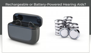 Rechargeable vs Battery Hearing Aids: 6 Key Factors to Help You Decide 3 Image showing a comparison between rechargeable and battery-powered hearing aids. On the left, a pair of hearing aids sit in a sleek black charging case. On the right, several stacks of small button cell batteries are displayed. The title above reads, “Rechargeable vs Battery Hearing Aids?”