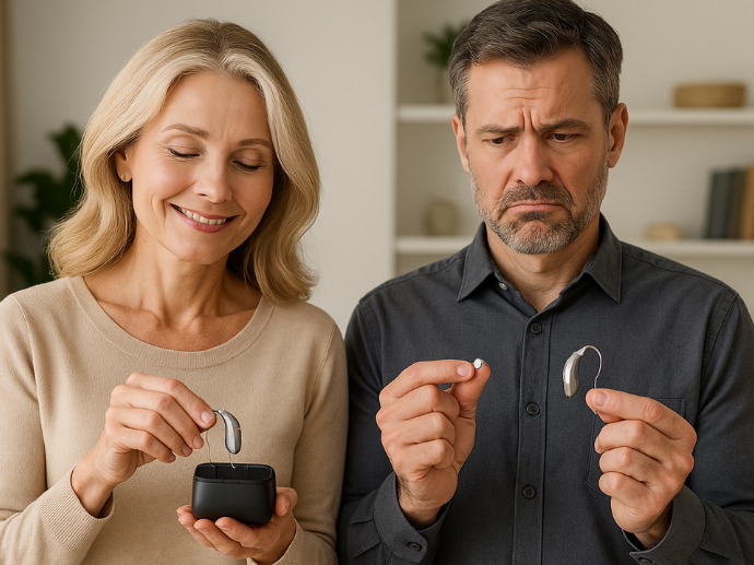 Rechargeable vs Battery Hearing Aids: 6 Key Factors to Help You Decide 5 Rechargeable vs battery hearing aid: A middle-aged woman and man are standing side by side indoors. The smiling woman holds a modern hearing aid and its charging case, while the man looks confused and slightly frustrated, holding an older-style hearing aid and a small battery.