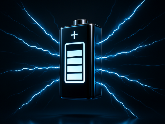 Rechargeable vs Battery Hearing Aids: 6 Key Factors to Help You Decide 6 A glowing black battery icon with a full charge symbol in the center, surrounded by electric blue lightning bolts radiating outward against a dark background.