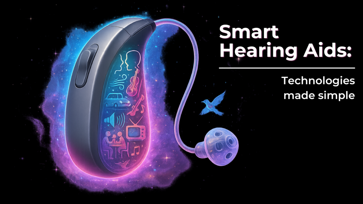 Smart Hearing Aids: The Technologies That Define Modern Devices in 2025 1 Smart hearing aids: A digital illustration of a smart hearing aid against a cosmic, nebula-like background. The interior of the device is shown glowing and filled with colorful, stylized icons representing technology, music, communication, and connectivity. A small blue hummingbird flies nearby. Text on the right reads: “Smart Hearing Aids: Technologies made simple.”