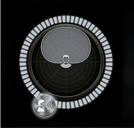 Starkey Omega AI hearing aids 2026 7 Circular diagram illustrating the directional pattern of a hearing aid set to focus on sounds from the front. A shaded semicircular area extends forward from a central human head icon, indicating concentrated sound pickup in that direction. Concentric grid lines and an outer segmented ring emphasize directionality. A small icon in the lower-left corner shows a speaking person with sound waves, symbolizing speech focus.